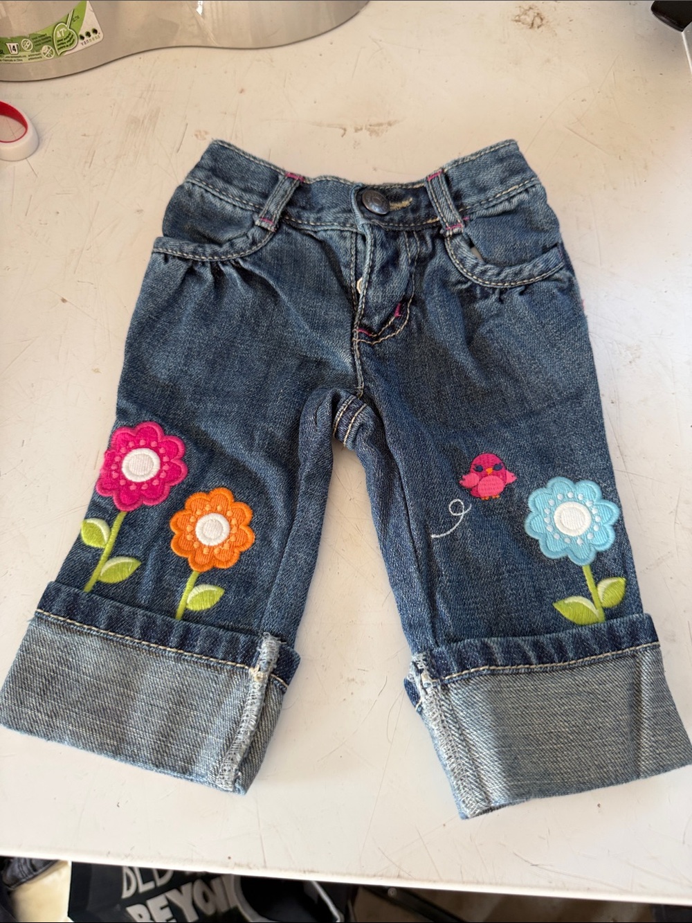 Gymboree Dark Denim Capri Jeans with Pink Bird & Floral Appliqués